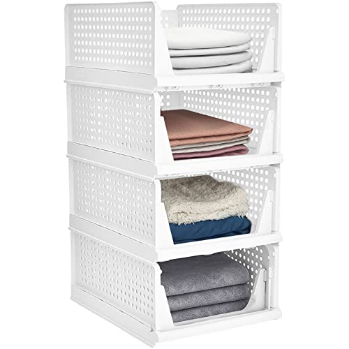 C&AHOME 4-Pack Stackable Wardrobe Storage Box, Plastic Drawer Organizer, Foldable Clothes Shelf Baskets, Folding Cube Bins, Perfect for Kitchen, Bedroom, 13.4" L x 17.7" W x 7.1" H White USWSB04W