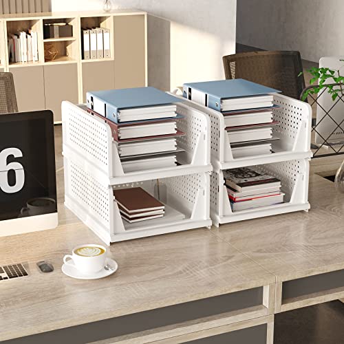 C&AHOME 4-Pack Stackable Wardrobe Storage Box, Plastic Drawer Organizer, Foldable Clothes Shelf Baskets, Folding Cube Bins, Perfect for Kitchen, Bedroom, 13.4" L x 17.7" W x 7.1" H White USWSB04W