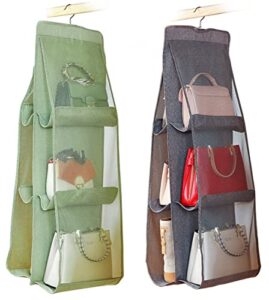 aarainbow 2 pcs hanging handbag organizer 6 pockets wardrobe purse hanger closet space saving purse organizers breathable handbag storage organizer, washable, 37 l x 13.8w (gray+green)
