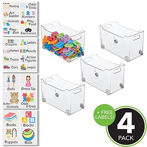 mDesign Plastic Storage Container Bin Box with Rolling Wheels and Handle for Toy Organization - Playroom, Gaming, Classroom, or Daycare - Lumiere Collection - Includes 4 Bins, 24 Labels - Gray/Clear