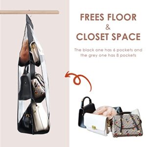 LEEFONE 2 Pack Hanging Handbag Purse Organizer, Dust Proof Storage Holder Bag Wardrobe Closet Space Saving Organizers System, Washable, 1 PC x 8 Pockets + 1 PC x 6 Pockets (Grey + Black)