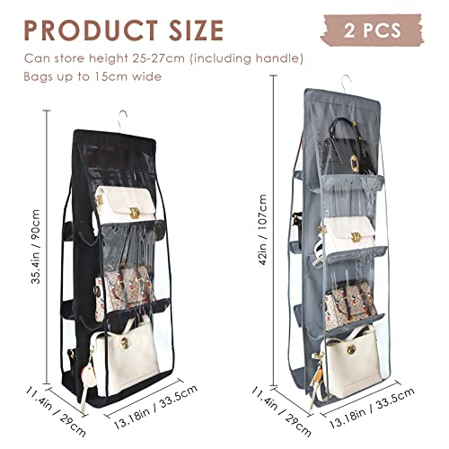 LEEFONE 2 Pack Hanging Handbag Purse Organizer, Dust Proof Storage Holder Bag Wardrobe Closet Space Saving Organizers System, Washable, 1 PC x 8 Pockets + 1 PC x 6 Pockets (Grey + Black)