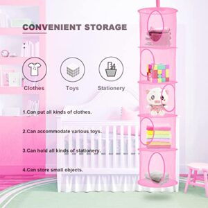 Libeder Mesh Hanging Storage Space Saver Bags Organizer,Foldable Storage Organizer 5 Compartments Toy Storage Basket for Kids Room Bathroom 2 Sets Pink