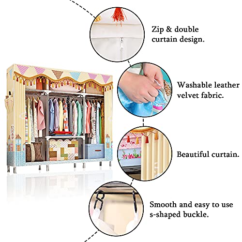 QUMENEY Portable Closet Large Wardrobe Clothes Standing Shelves Organizer, Non-Woven Fabric Closet Storage Organizer with 4 Storage Shelves, 3 Hanging Sections 2 Side Pockets (Sunny Town)