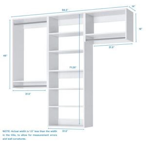 Closet Kit with Hanging Rods & Shelves - Corner Closet System - Closet Shelves - Closet Organizers and Storage Shelves (White, 96 inches Wide) Closet Shelving