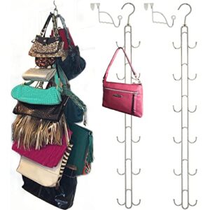 2-pk over door hanging purse storage - durable, holds 50 pounds, rotates 360 for easy access; purses, handbags, satchels, crossovers, backpacks,12 hooks, chrome (set of 2)