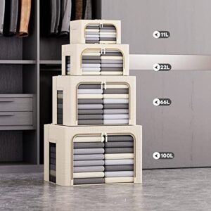 3 Pack Clothes Storage Box - Foldable Stackable Fabric Organizer for Clothing Metal Frame Storage Bins Box with Sturdy Handles and Large Clear Window (66L, Beige)