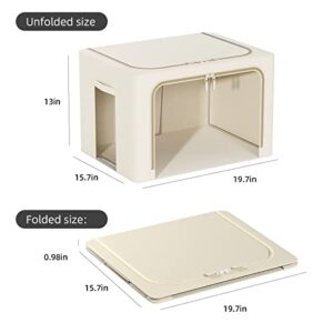 3 Pack Clothes Storage Box - Foldable Stackable Fabric Organizer for Clothing Metal Frame Storage Bins Box with Sturdy Handles and Large Clear Window (66L, Beige)