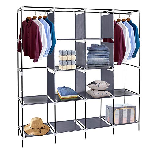 Knocbel 67" Tall Freestanding Closet Organzier Clothes Garment Rack Dustproof & Waterproof Fabric Cover with Storage Shelves 2 Hanging Rods & 4 Side Pockets (Gray)