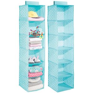 mdesign soft fabric over closet rod hanging storage organizer with 6 shelves for child/kids room or nursery - polka dot pattern - 2 pack - turquoise blue with white dots