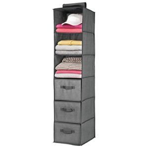 mdesign long soft fabric over closet rod hanging storage organizer with 3 shelves and 3 drawers for clothes, leggings, lingerie, t shirts - textured print - charcoal gray