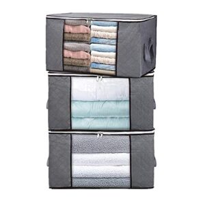 ygapuzi 90l large clothes storage bag, 3 pack blanket container closet organizer for comforters, bedding, clothing, pillows, sweaters with clear window, thick fabric, no smell, strong handles, gray