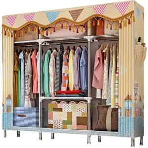 zzbiqs extra large wardrobe clothes storage closet, portable garment organizer shelves rack, flannel fabric cover standing closet with hang rod and 2 side pockets, beige