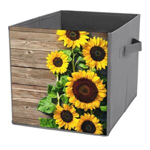 damtma sunflowers on wooden fabric storage bins vintage wood texture cubes baskets containers with handles for home closet bedroom drawers organizers flodable 10.6inch