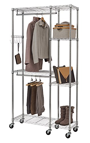 TRINITY EcoStorage Rolling Garment Rack with Shelves Hooks for Clothing Storage for Bedroom, Closet Organization, Entryway, and More, Chrome, 41” W x 14” D x 76” H