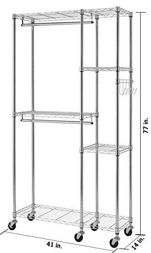 TRINITY EcoStorage Rolling Garment Rack with Shelves Hooks for Clothing Storage for Bedroom, Closet Organization, Entryway, and More, Chrome, 41” W x 14” D x 76” H