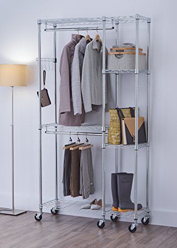 TRINITY EcoStorage Rolling Garment Rack with Shelves Hooks for Clothing Storage for Bedroom, Closet Organization, Entryway, and More, Chrome, 41” W x 14” D x 76” H