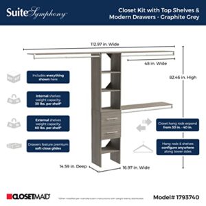 ClosetMaid SuiteSymphony Wood Closet Organizer Kit with Tower 3 Hang Rods, Top Shelves, 2 Drawers, Modern, Fits Spaces 5-9 ft. Wide, Graphite Grey