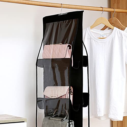 XJ-HOME 2 Piece Set 6 Pockets Hanging Purse Handbag Organizer Transparent Hanging Holder Bag Collection Storage Purse Bag Closet Space Saving Organizer (1*Black & 1*Grey)