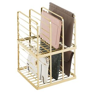 mdesign metal divided stackable purse organizer for closets, bedrooms, dressers, shelves, storage solution for purses, clutches, wallets, accessories - 3 sections - 2 pack - soft brass