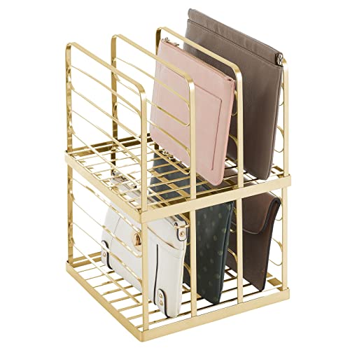 mDesign Metal Divided Stackable Purse Organizer for Closets, Bedrooms, Dressers, Shelves, Storage Solution for Purses, Clutches, Wallets, Accessories - 3 Sections - 2 Pack - Soft Brass