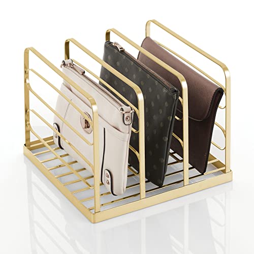 mDesign Metal Divided Stackable Purse Organizer for Closets, Bedrooms, Dressers, Shelves, Storage Solution for Purses, Clutches, Wallets, Accessories - 3 Sections - 2 Pack - Soft Brass