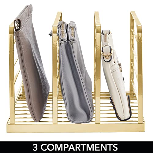 mDesign Metal Divided Stackable Purse Organizer for Closets, Bedrooms, Dressers, Shelves, Storage Solution for Purses, Clutches, Wallets, Accessories - 3 Sections - 2 Pack - Soft Brass