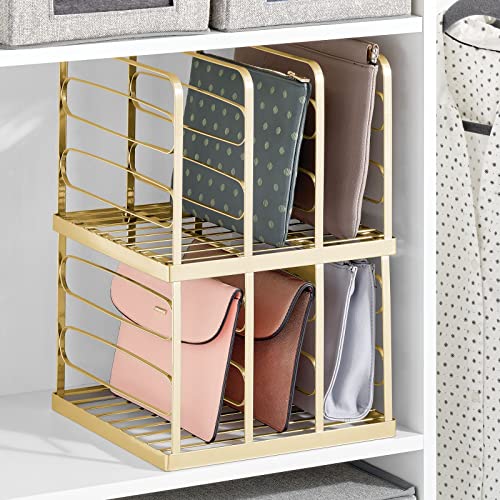 mDesign Metal Divided Stackable Purse Organizer for Closets, Bedrooms, Dressers, Shelves, Storage Solution for Purses, Clutches, Wallets, Accessories - 3 Sections - 2 Pack - Soft Brass