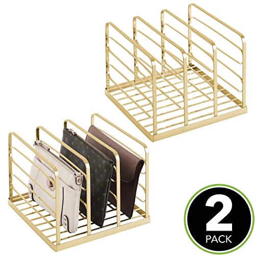 mDesign Metal Divided Stackable Purse Organizer for Closets, Bedrooms, Dressers, Shelves, Storage Solution for Purses, Clutches, Wallets, Accessories - 3 Sections - 2 Pack - Soft Brass