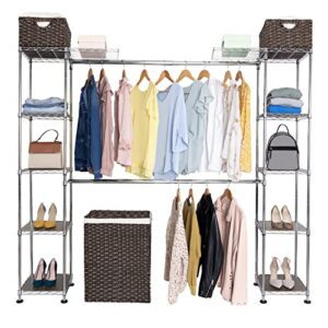 seville classics closet garment organizer with metal hanging rod wardrobe storage system w/steel shelves for clothes, shirts, jackets, coats, blankets, shoes, 58" to 83" w x 14" d x 72"
