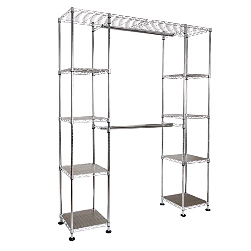 Seville Classics Closet Garment Organizer with Metal Hanging Rod Wardrobe Storage System w/Steel Shelves for Clothes, Shirts, Jackets, Coats, Blankets, Shoes, 58" to 83" W x 14" D x 72"