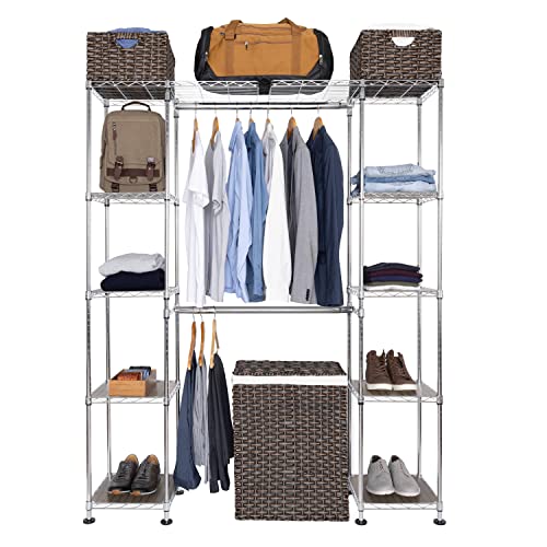 Seville Classics Closet Garment Organizer with Metal Hanging Rod Wardrobe Storage System w/Steel Shelves for Clothes, Shirts, Jackets, Coats, Blankets, Shoes, 58" to 83" W x 14" D x 72"