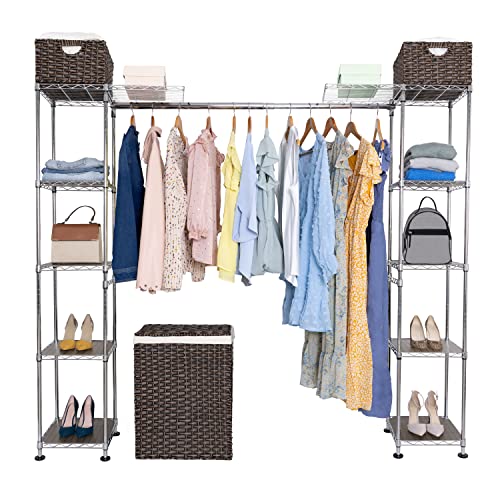 Seville Classics Closet Garment Organizer with Metal Hanging Rod Wardrobe Storage System w/Steel Shelves for Clothes, Shirts, Jackets, Coats, Blankets, Shoes, 58" to 83" W x 14" D x 72"