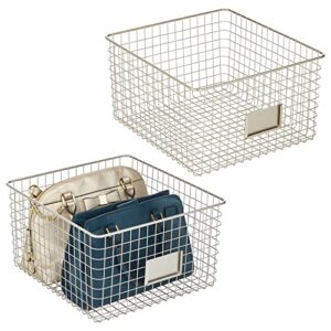 mdesign wide metal farmhouse storage organizer bin baskets with label slot for closet, cabinet, cupboard - wire organizing basket holds clothing, linens, shoes, omaha collection, 2 pack, satin