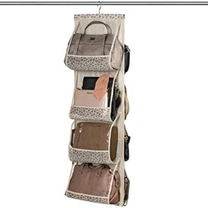 clozzers 8 pocket hanging purse organizer for closet, handbag storage with clear vinyl pockets. animal print grey