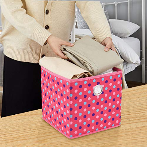 i BKGOO Foldable Storage Cube Drawer Bins Set of 6 Collapsible Fabric Storage Boxes with Round Metal Grommets for Organizing Shelf Nursery Home Closet Dots Pink 10x10x10 inch