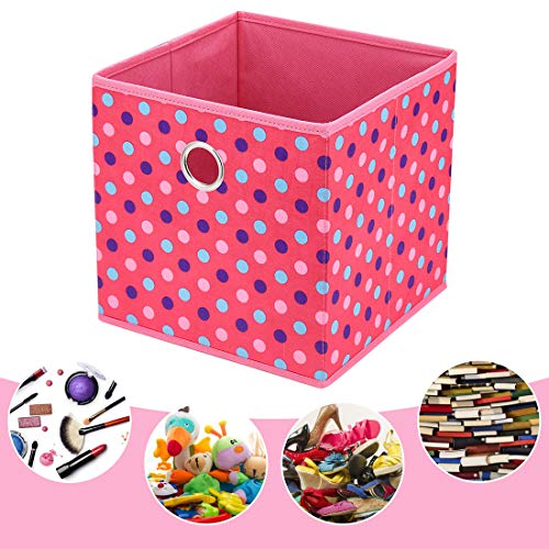 i BKGOO Foldable Storage Cube Drawer Bins Set of 6 Collapsible Fabric Storage Boxes with Round Metal Grommets for Organizing Shelf Nursery Home Closet Dots Pink 10x10x10 inch