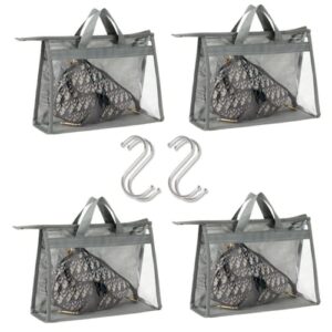 han sheng 4 pcs clear handbag storage organizer bag collection storage holder dust cover bags transparent purse protector storage bag with zipper and handle for closet shelf (grey)