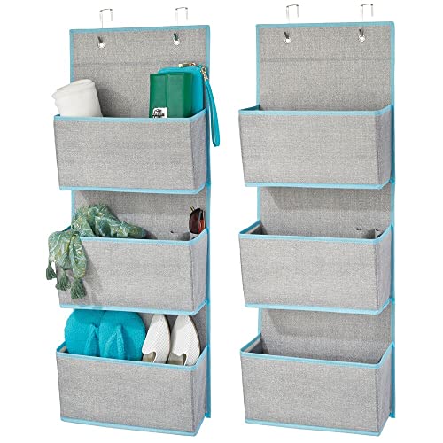 mDesign Fabric Hanging Organizers for Over the Door Storage In Bedroom/Hallway Closets, 3 Pocket Organizer Caddy with Hooks for Linens, Clothing, Accessories, Lido Collection, 2 Pack, Gray/Teal Blue