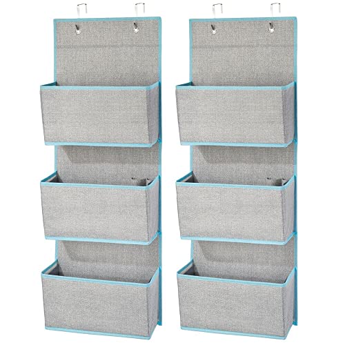 mDesign Fabric Hanging Organizers for Over the Door Storage In Bedroom/Hallway Closets, 3 Pocket Organizer Caddy with Hooks for Linens, Clothing, Accessories, Lido Collection, 2 Pack, Gray/Teal Blue