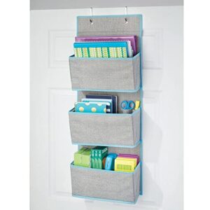 mDesign Fabric Hanging Organizers for Over the Door Storage In Bedroom/Hallway Closets, 3 Pocket Organizer Caddy with Hooks for Linens, Clothing, Accessories, Lido Collection, 2 Pack, Gray/Teal Blue