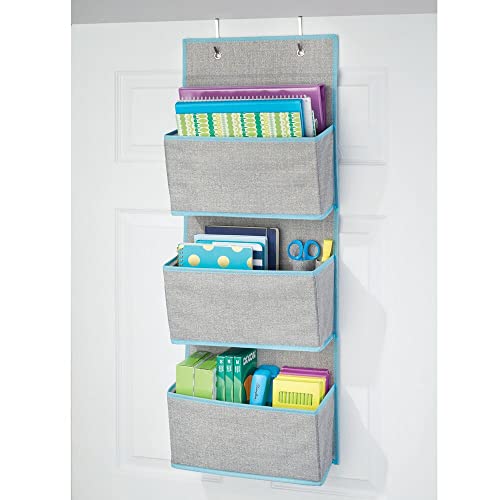 mDesign Fabric Hanging Organizers for Over the Door Storage In Bedroom/Hallway Closets, 3 Pocket Organizer Caddy with Hooks for Linens, Clothing, Accessories, Lido Collection, 2 Pack, Gray/Teal Blue