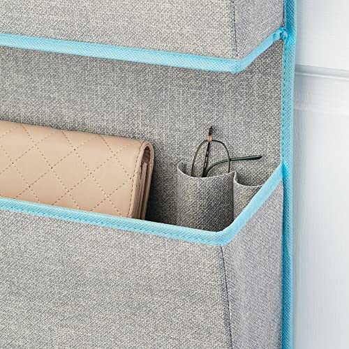 mDesign Fabric Hanging Organizers for Over the Door Storage In Bedroom/Hallway Closets, 3 Pocket Organizer Caddy with Hooks for Linens, Clothing, Accessories, Lido Collection, 2 Pack, Gray/Teal Blue