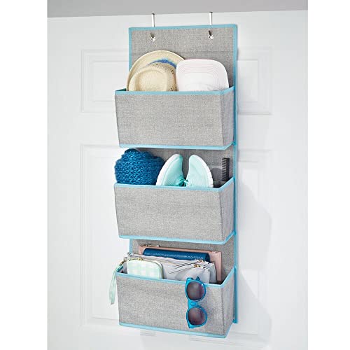 mDesign Fabric Hanging Organizers for Over the Door Storage In Bedroom/Hallway Closets, 3 Pocket Organizer Caddy with Hooks for Linens, Clothing, Accessories, Lido Collection, 2 Pack, Gray/Teal Blue