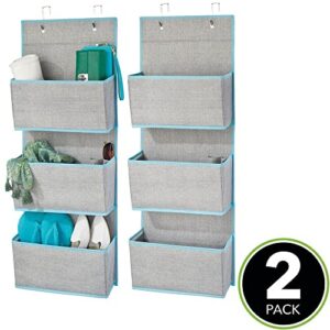 mDesign Fabric Hanging Organizers for Over the Door Storage In Bedroom/Hallway Closets, 3 Pocket Organizer Caddy with Hooks for Linens, Clothing, Accessories, Lido Collection, 2 Pack, Gray/Teal Blue