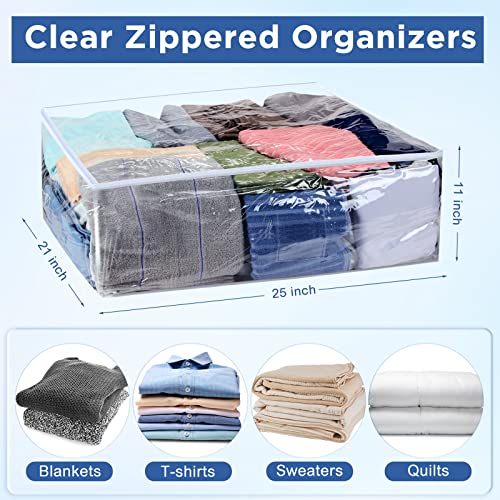 15 Pcs Clear Zippered Organizers Foldable Sweater Storage Closet Organizer Collapsible Cube Storage Organizer Plastic Storage Bags Bins Containers with Zipper and Handle for Closet (25 x 21 x 11 Inch)