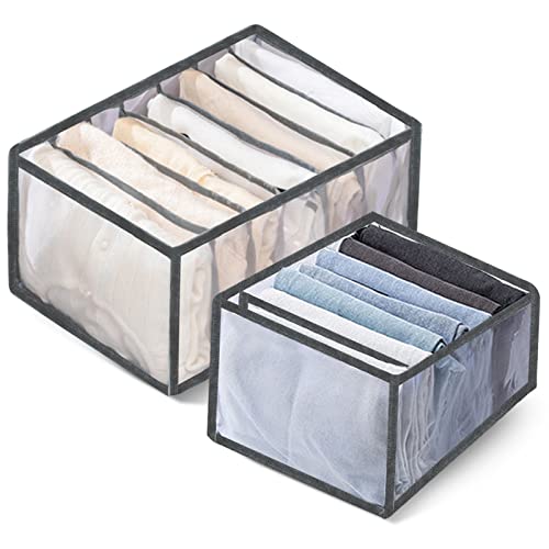 RONGRONG 2 Packs Wardrobe Clothes Organizer, Washable Jeans Compartment Storage Box, Foldable Visible Wardrobe Closet Drawer Organizer for Jeans and Leggings (2PCS (7 Grids+7 Grids))