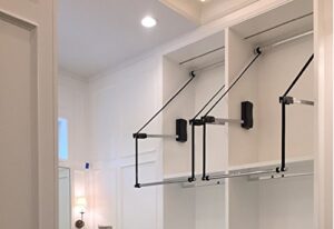 storagemotion motorized closet rod/pull down extended lift; drops 50"; width between 36" to 48"; blk polymer base/chrm plated arms/chrm closet rod; 75lb weight capacity