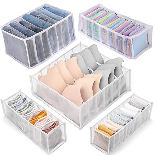 MUSJOS 5PCS 6/7/11 Grids Wardrobe Clothes Organizer, Washable Drawer Organizers for Clothing, Clothes Organizer Drawers, Clothes Organizer for Folded Clothes (White)