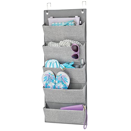 mDesign Soft Fabric Over the Door Hanging Storage Organizer with 5 Large Pockets for Closets in Bedrooms, Hallway, Entryway, Mudroom - Textured Print - Hooks Included - Gray